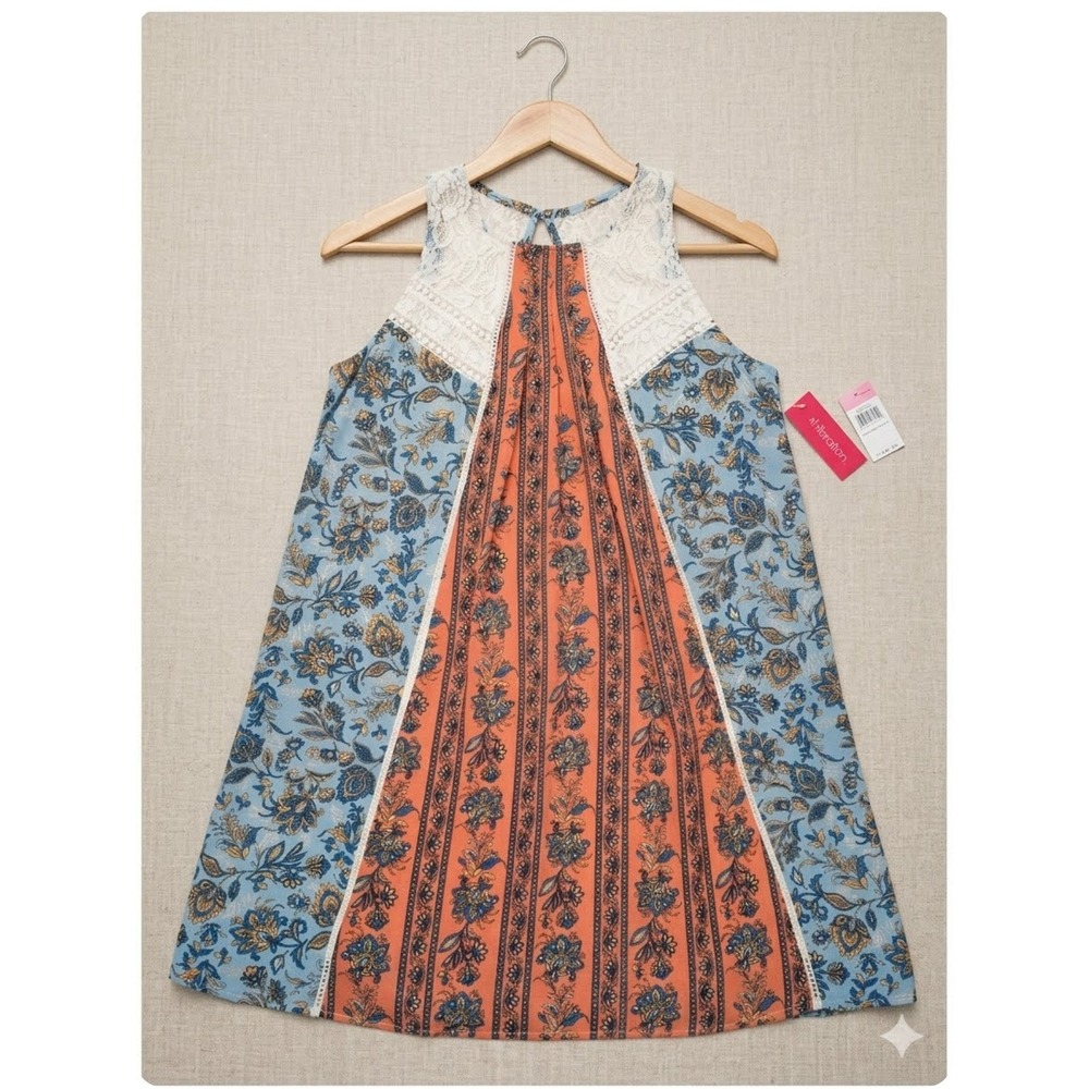 Boho Blue Orange Floral Paisley Lace Yoke Sleeveless Swing Top L NWT